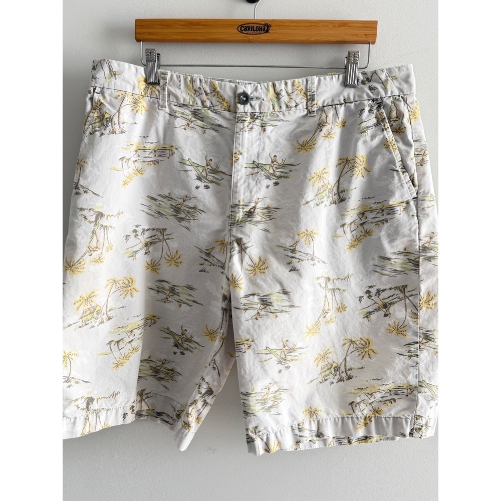 Mens 38 Tropical Surfer Print Cotton Shorts Gray Yellow Beach Palm Tree